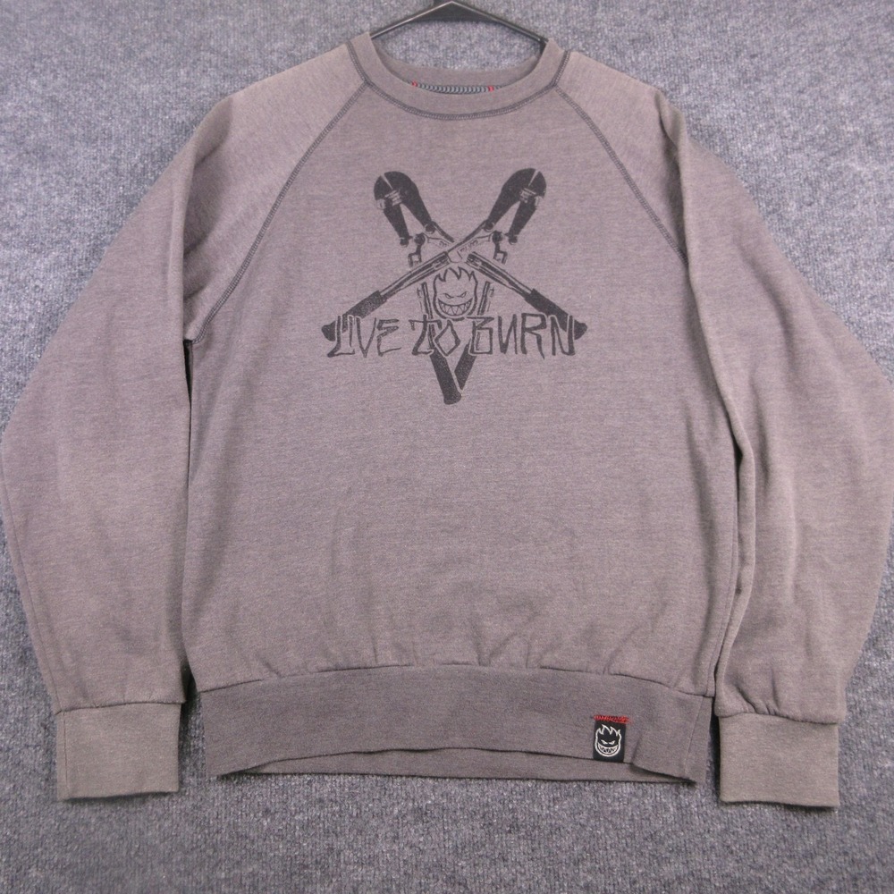 Y2K Spitfire Sweatshirt Mens Small Gray Live To Burn Logo Fleece Pullover Skate